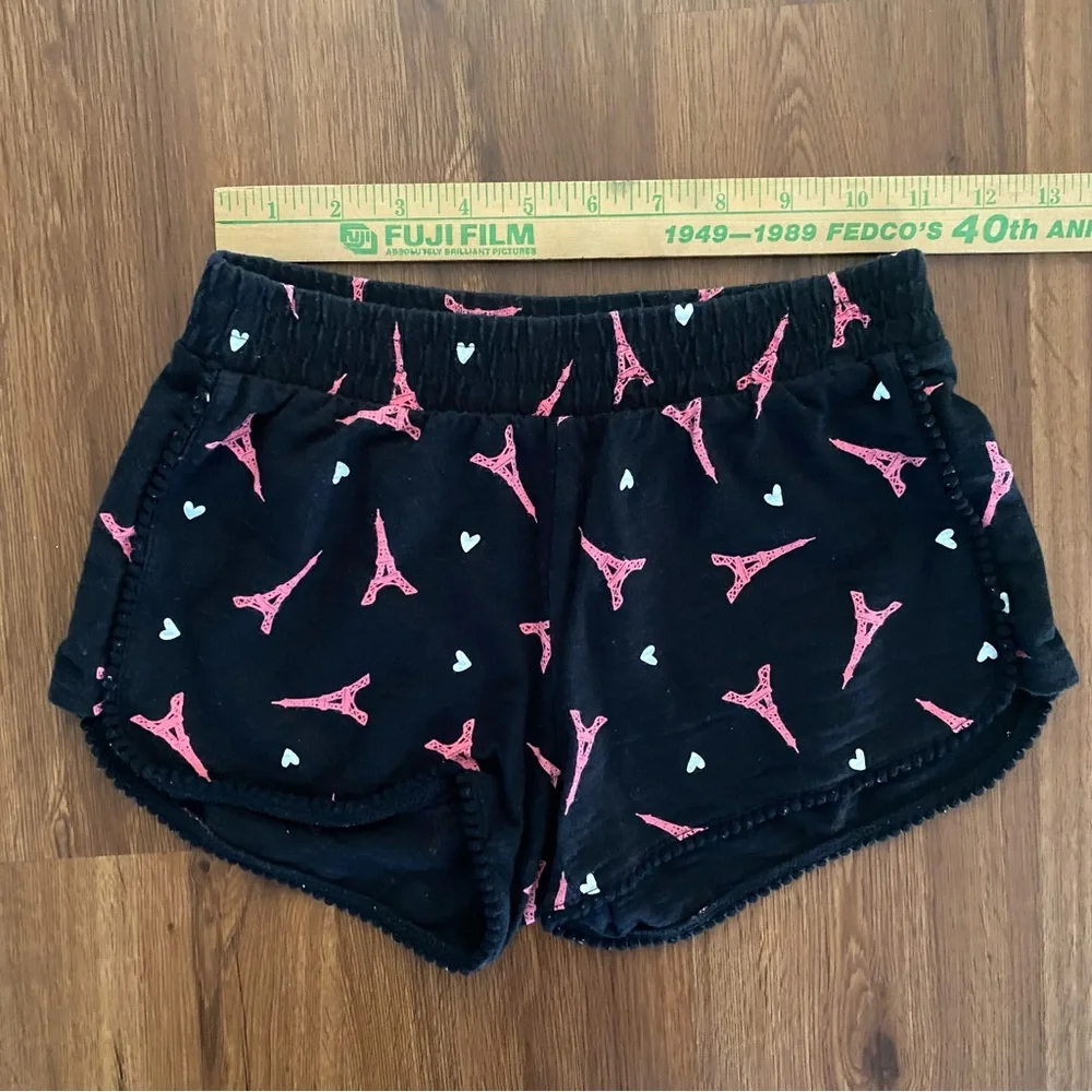 Justice Shorts Eiffel Tower Size 8 black pink Pom trim 100% cotton